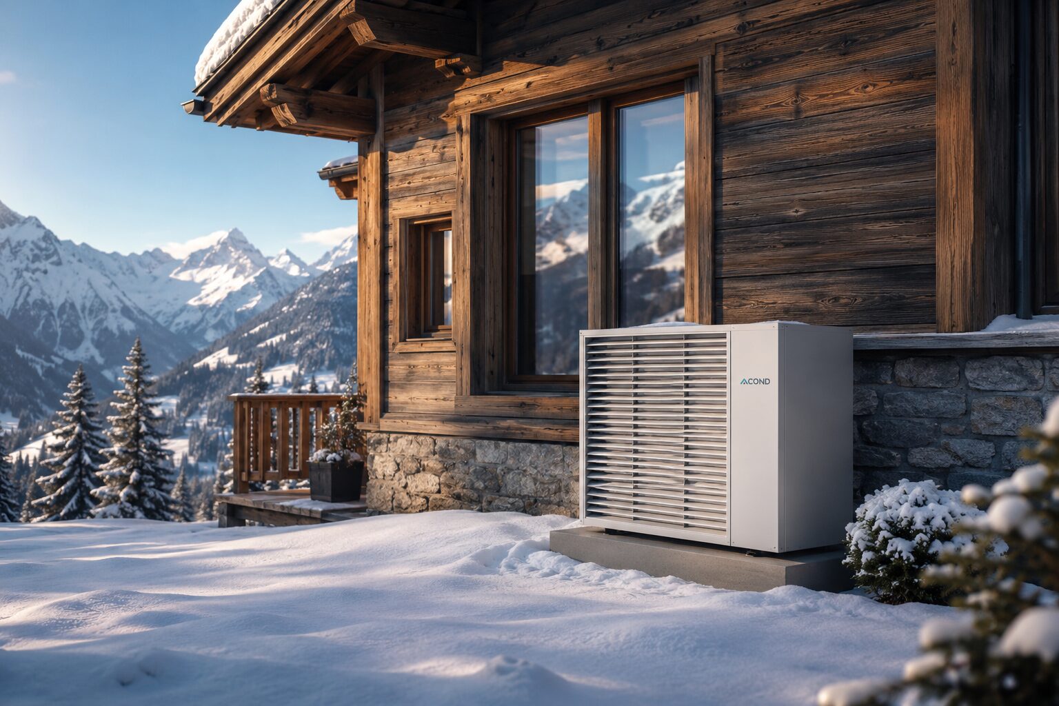 Chalet suisse en altitude équipé d'une pompe à chaleur avec les Alpes enneigées en arrière-plan